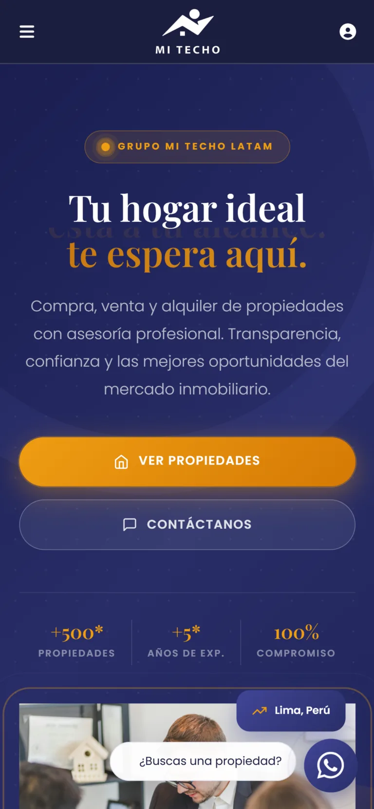 Versión para celular de la página web de Mi Techo