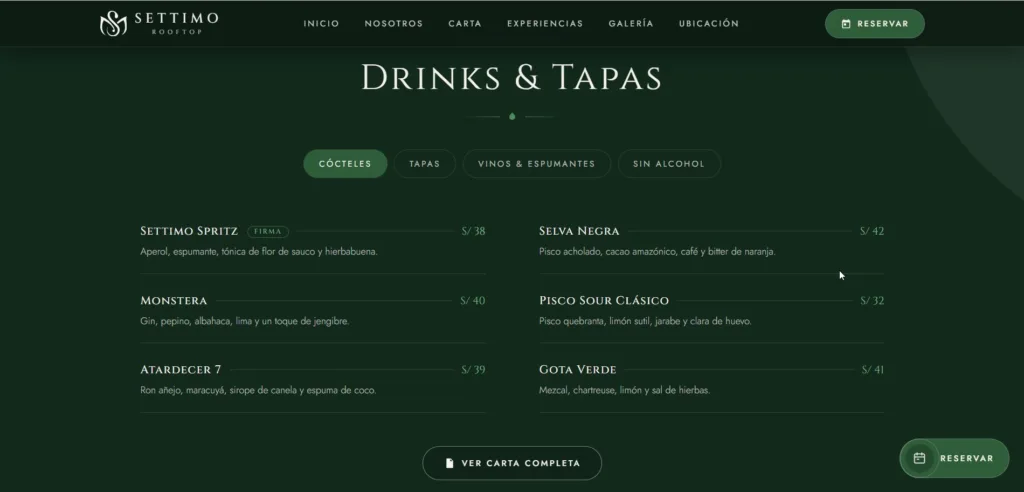 Carta digital con pestañas por categoría · Settimo Rooftop