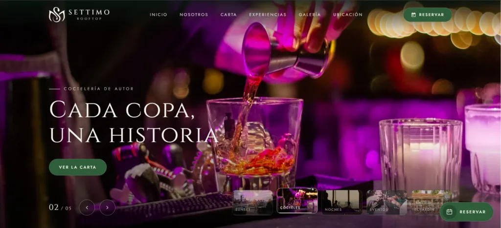 Página web de Settimo Rooftop, restaurante y coctelería, diseñada por Creati Digital Media