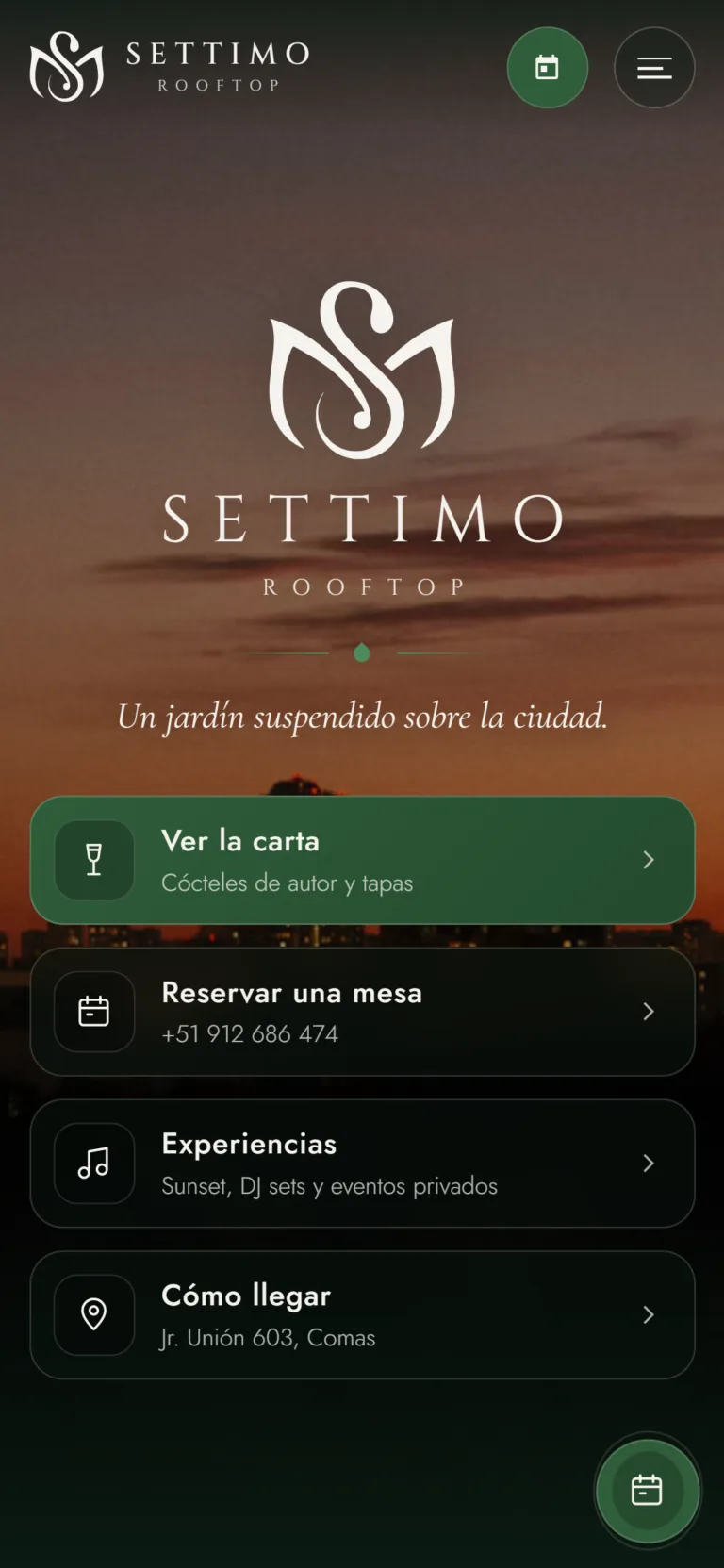 Versión para celular de la página web de Settimo Rooftop, diseñada por Creati Digital Media