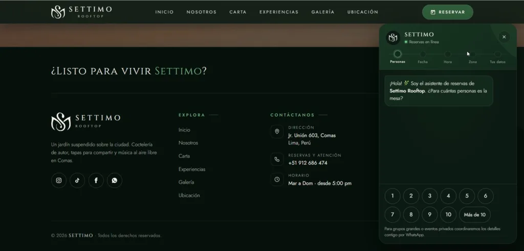 Reservas paso a paso que llegan al WhatsApp · Settimo Rooftop